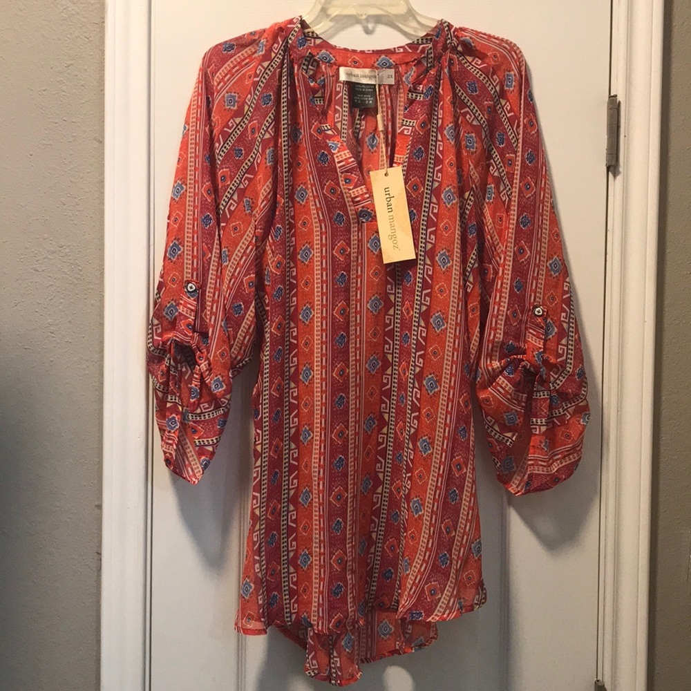 Aztec print Simi-sheer shirt, v-neck, button cuffs